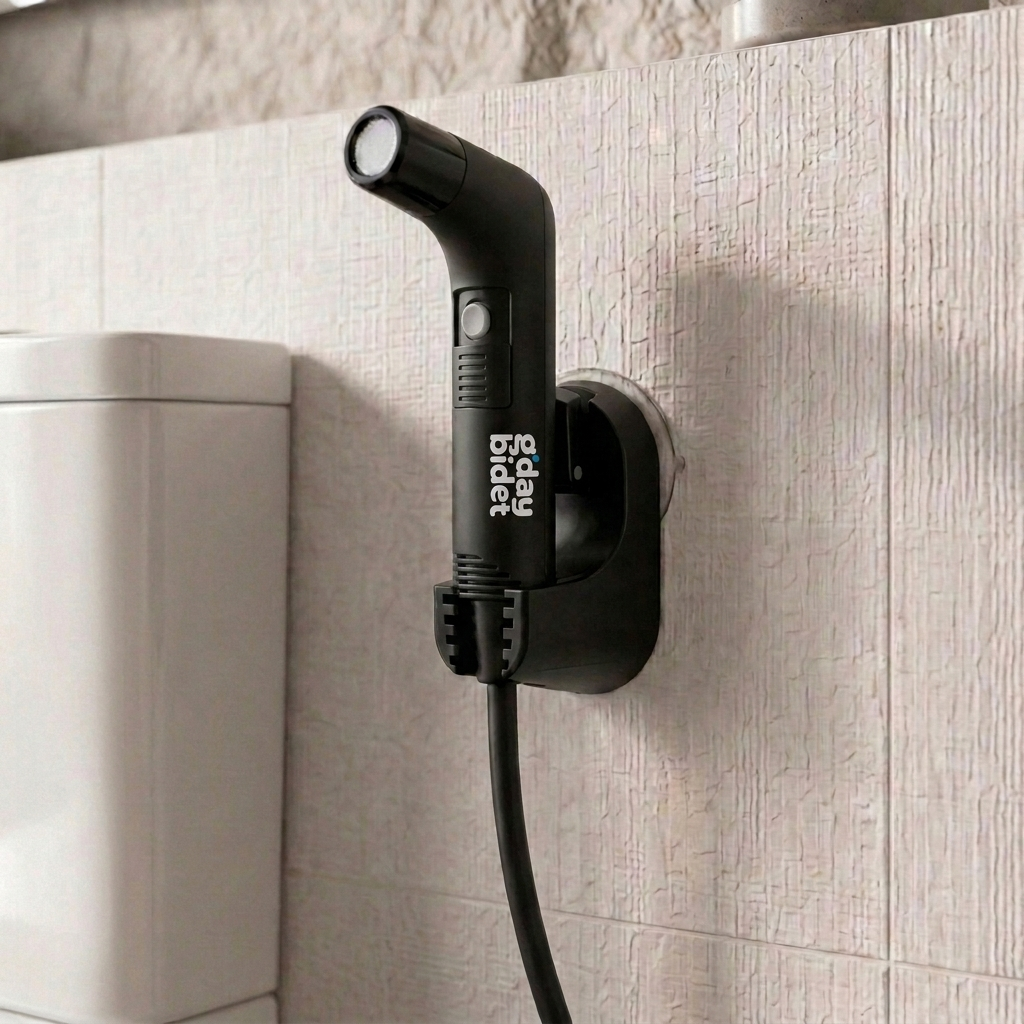 The G'day Bidet mounted neatly beside the toilet