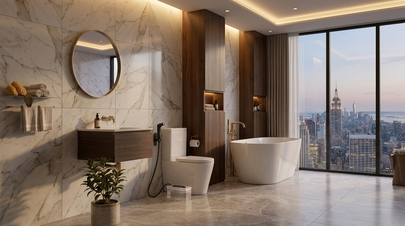 A modern bathroom with the G'day Bidet installed and a city skyline view