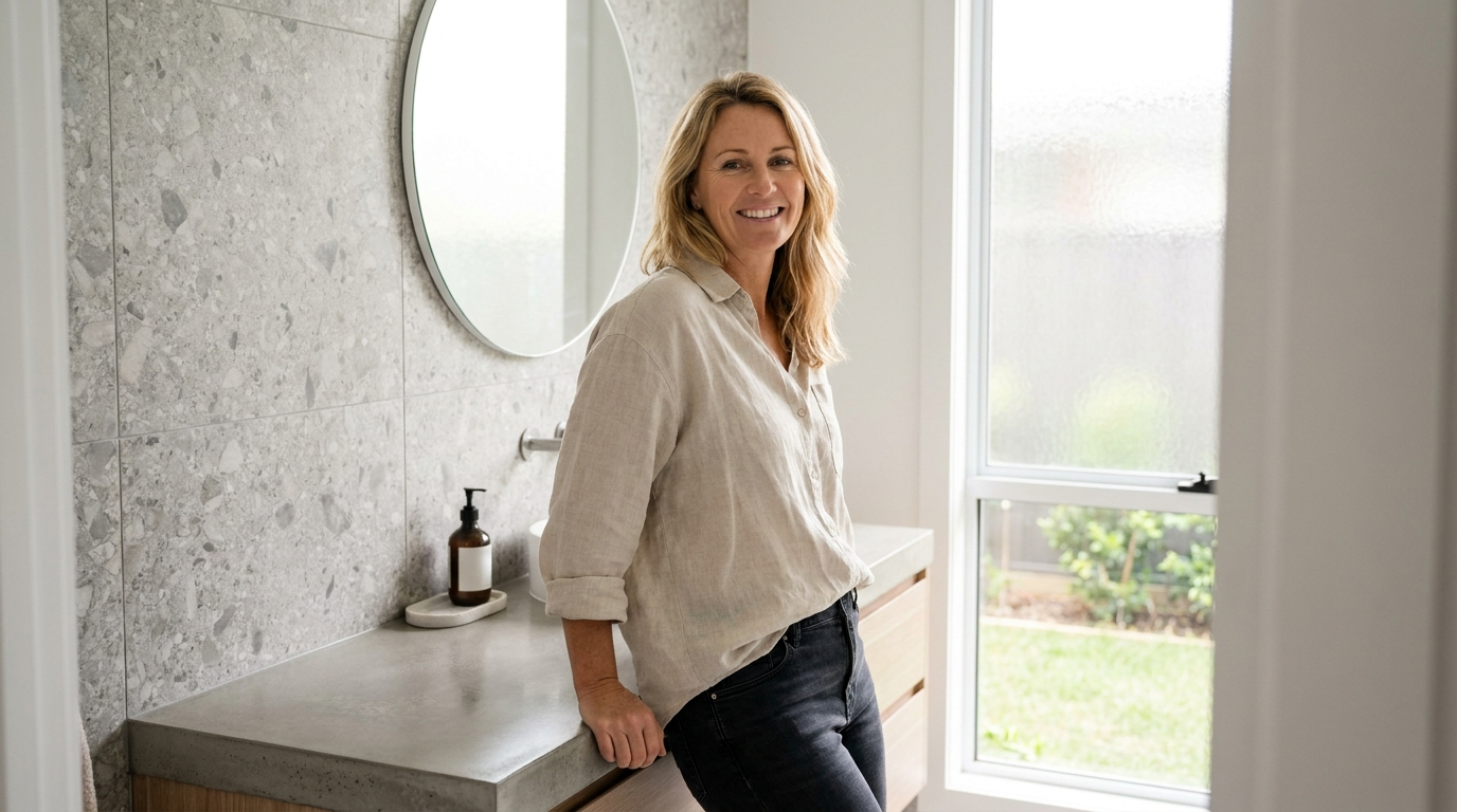 An Australian G'day Bidet customer in her bathroom