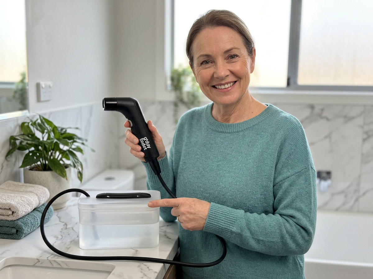 An Australian G'day Bidet customer in her bathroom