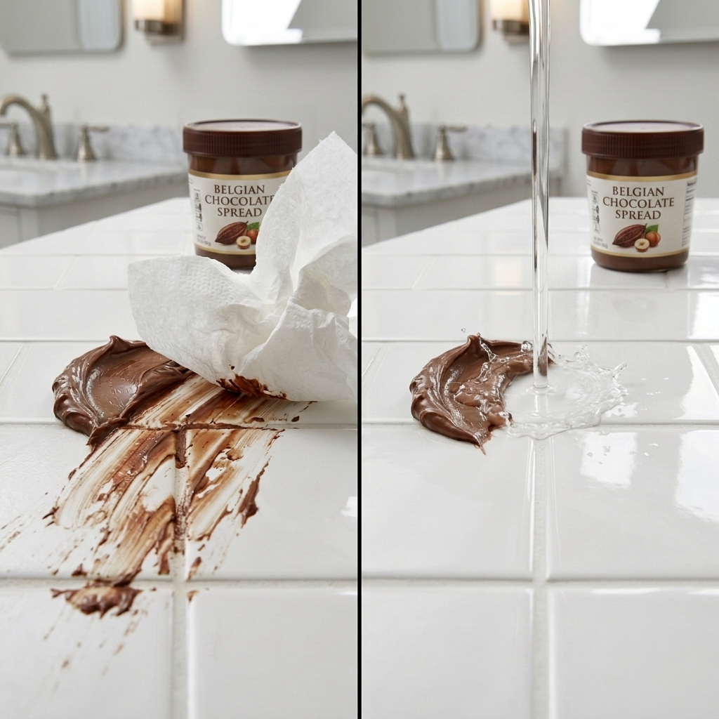 Chocolate spread smeared by dry paper versus rinsed clean by water